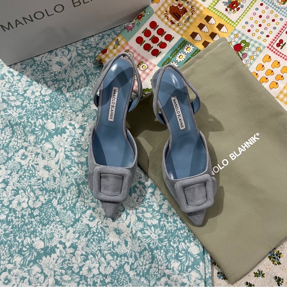 Manolo Blahnik Light Gray Suede Pointed Slingback Pumps with Buckle Detail